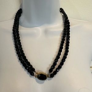 Vintage Double Strand Black With Gold Matching Clasp Necklace